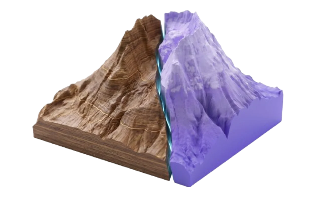3D terrain relief model with a colorful elevation gradient from carved elevation data
