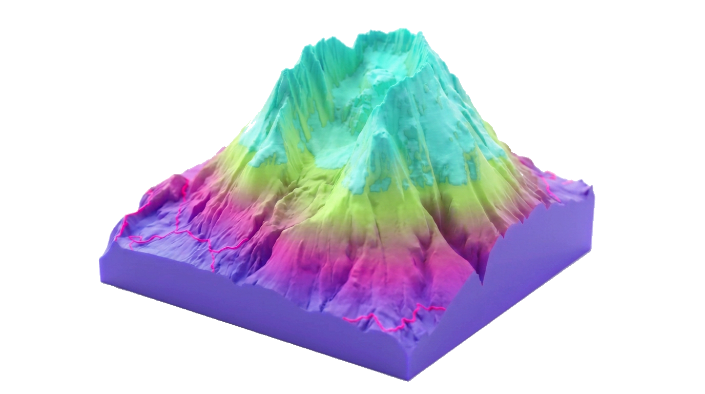3D-printed terrain relief model with a colorful elevation gradient